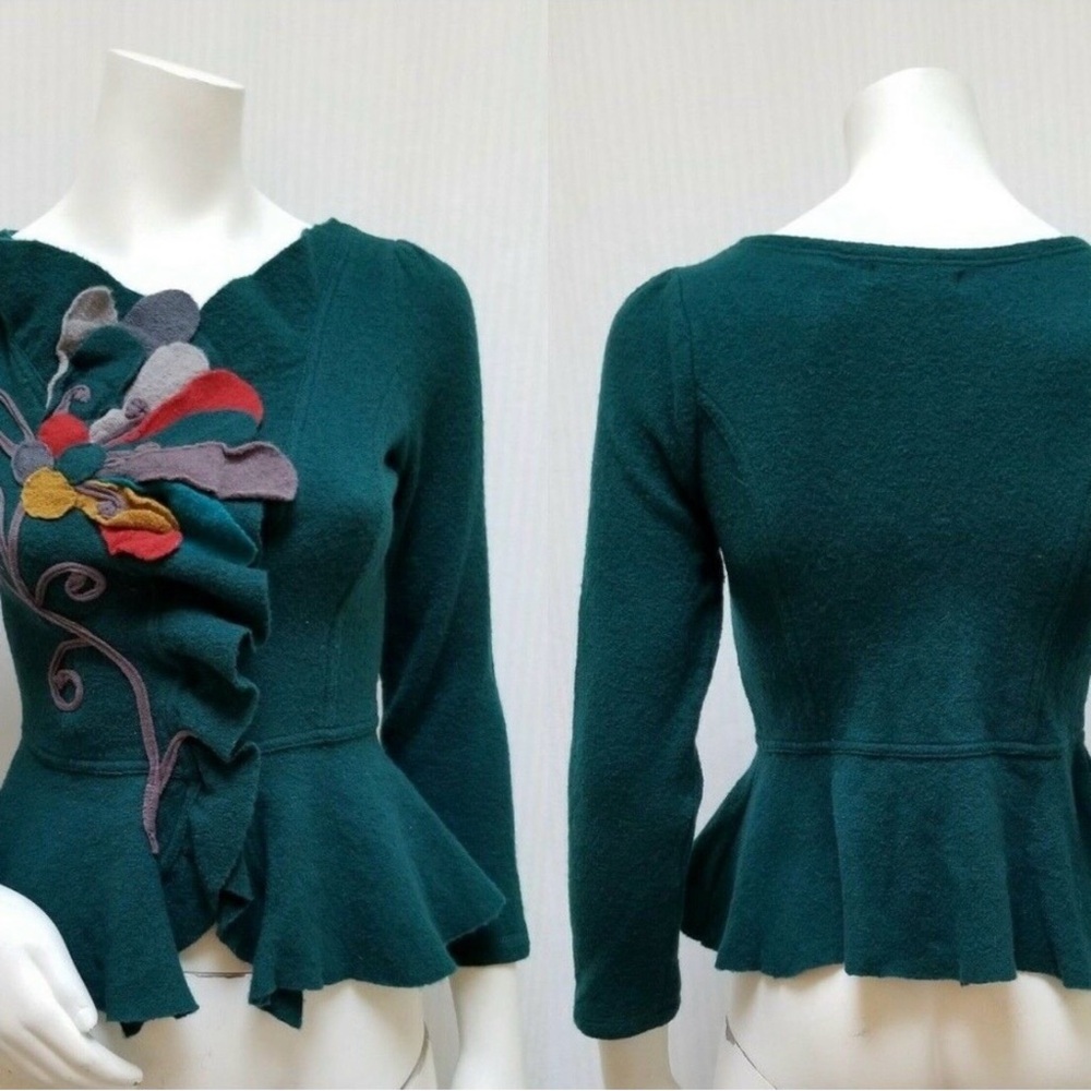 Anthropologie Sleeping on Snow Teal Cardigan with Felt Floral Design